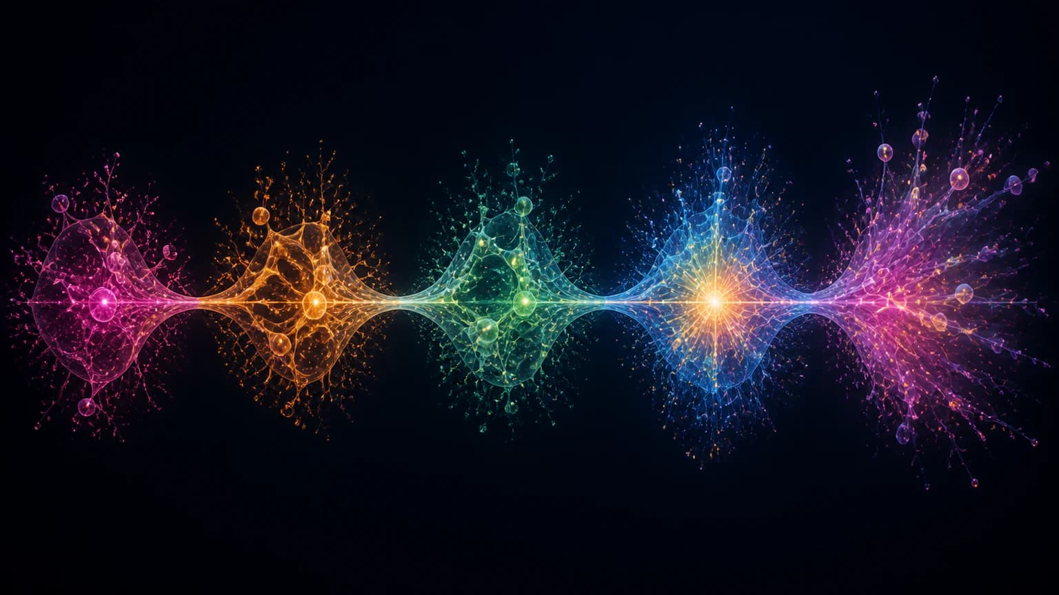 Five living data stages connected in sequence with a bright decision network before autonomous action
