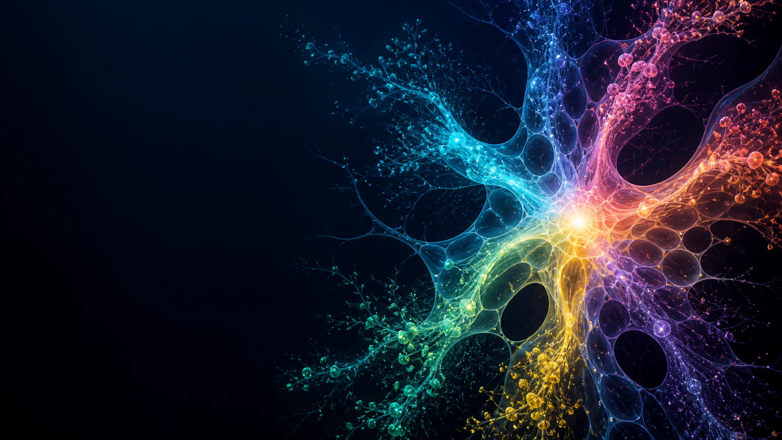 A living geometric network converging colorful brand signals into one luminous intelligence core